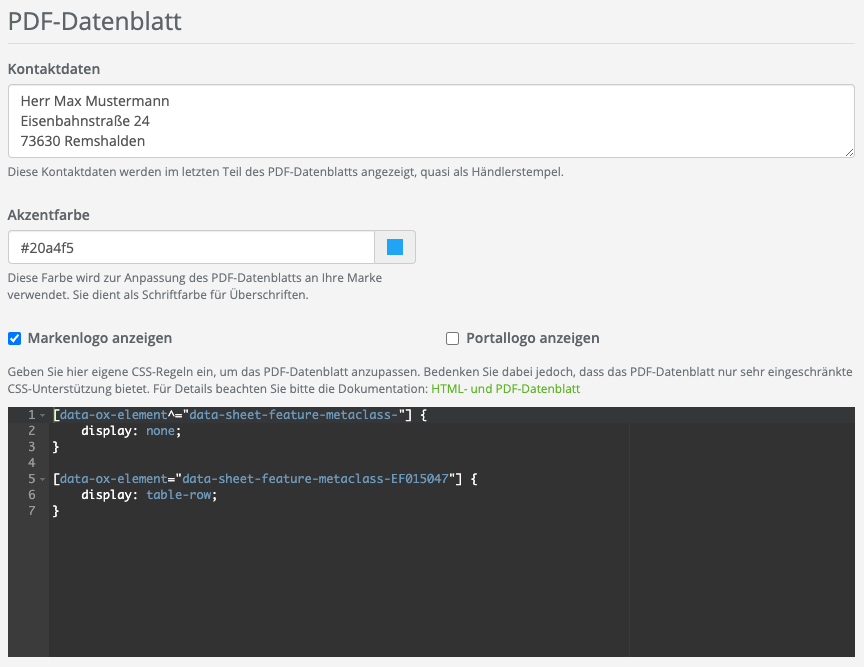 Einstellungen zum PDF-Datenblatt in den Details eines Portals mit Beispielwerten