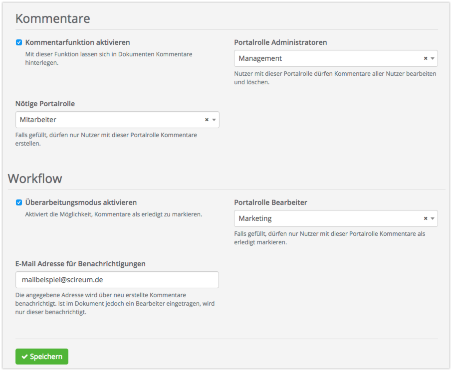 Kommentar-Workflow Einstellungen