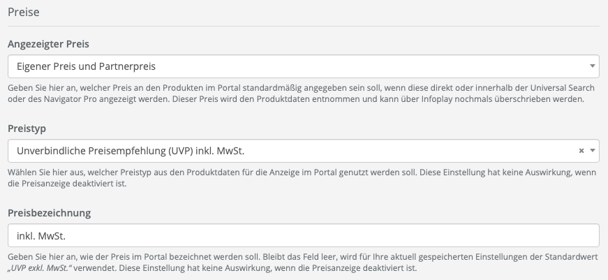 Einstellung der Preisanzeige im Portal